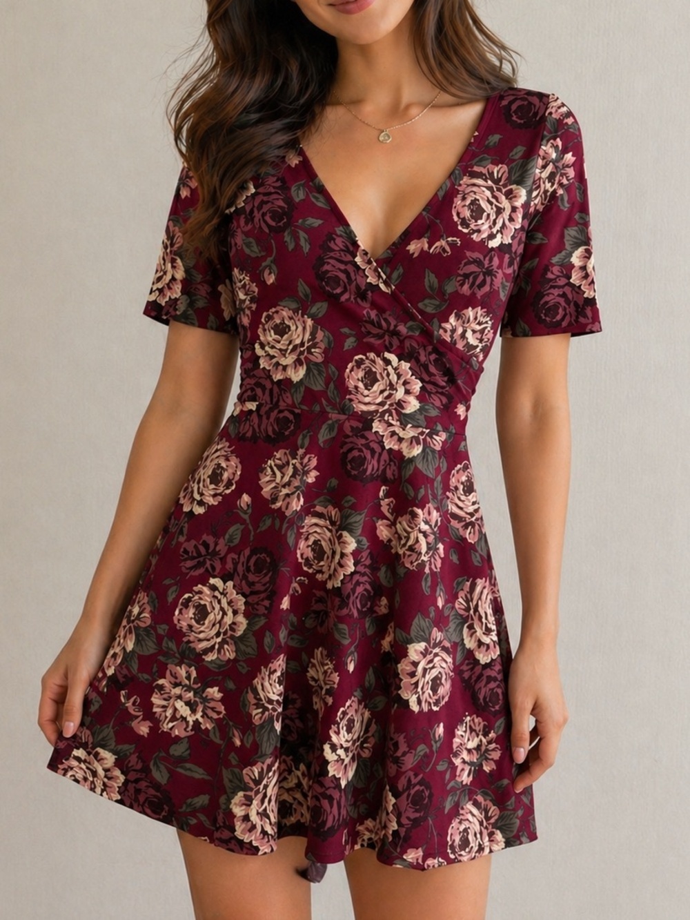 Rebel Sugar Burgundy Floral Fit & Flare V-Neck Short Sleeve Dress
